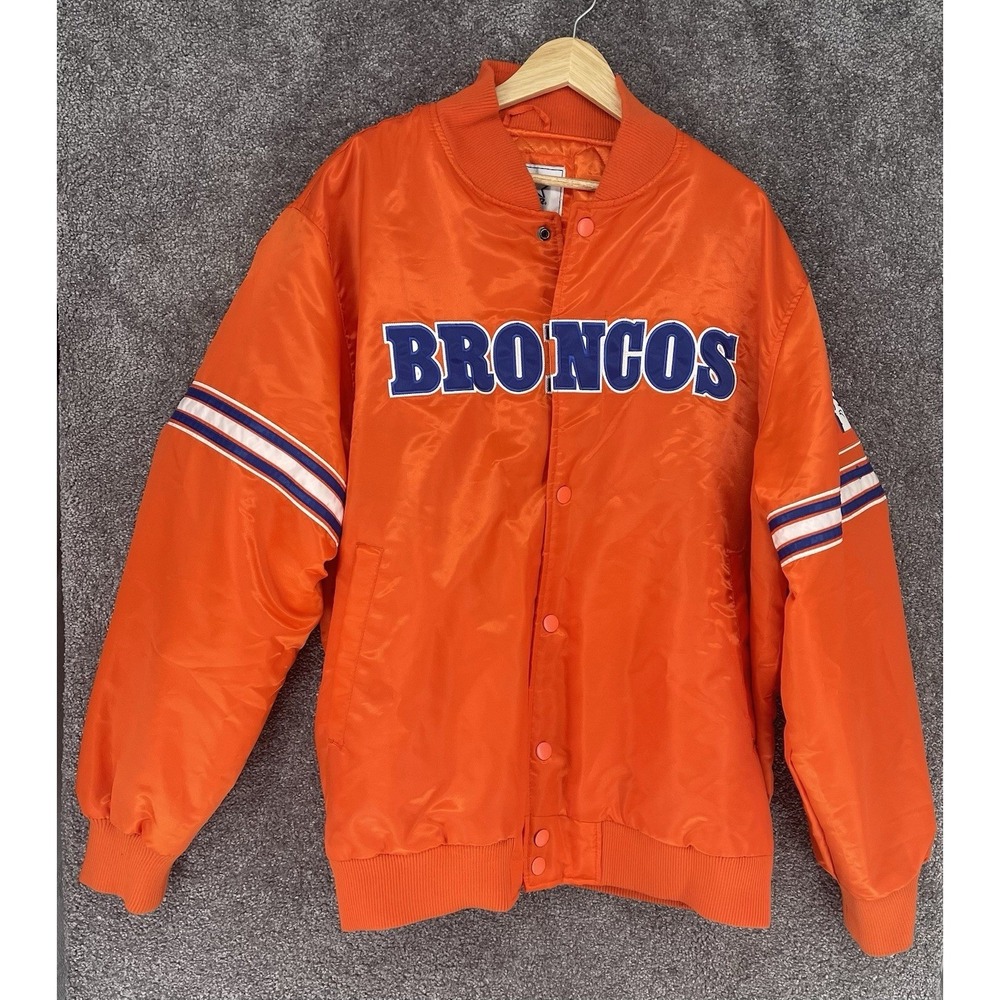 VTG Starter Denver Broncos Satin Varsity Jacket Men XXL Orange Snap Front Flaw